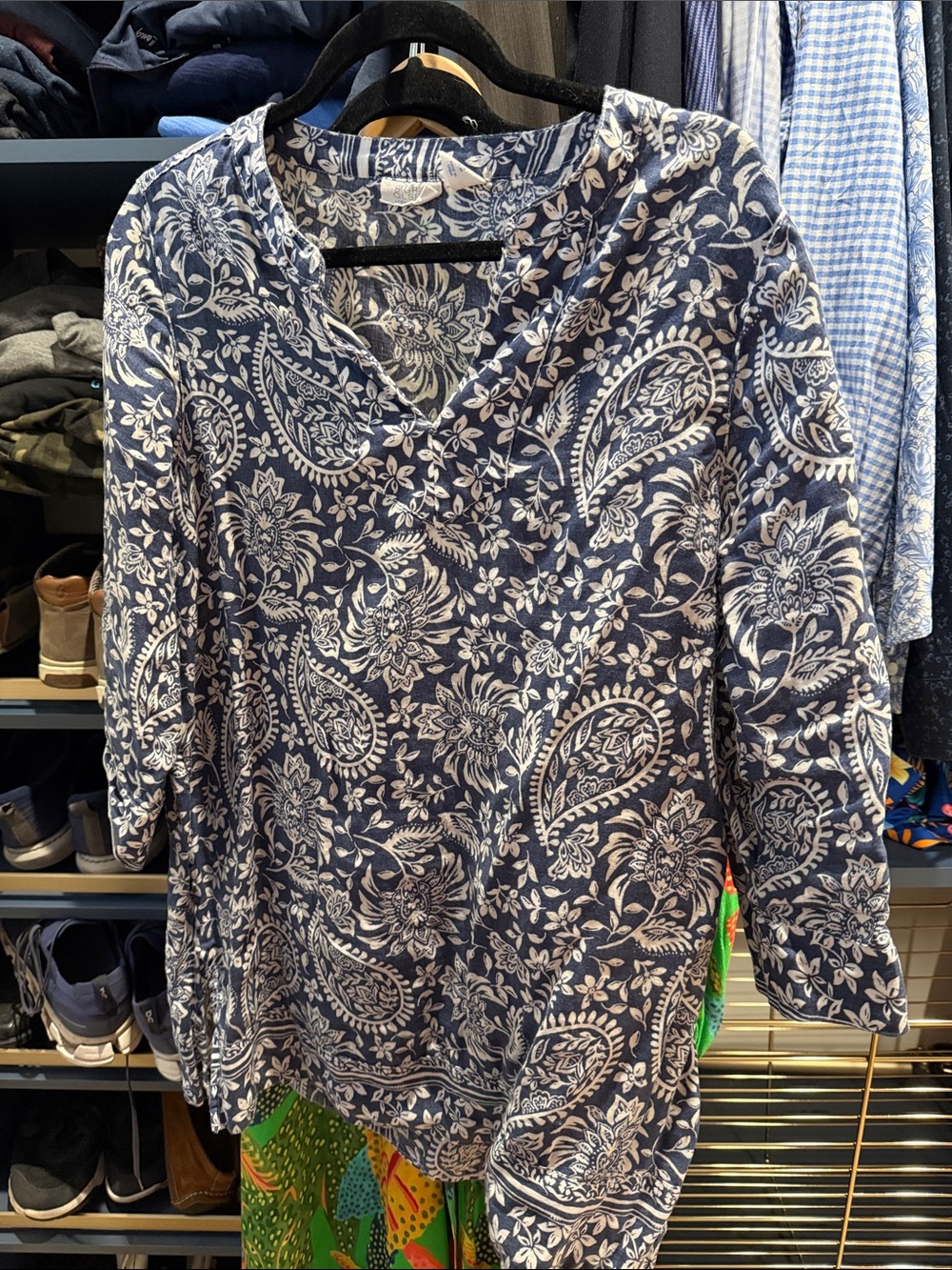 Sigrid Olsen Navy and White Paisley V-Neck Tunic Top
